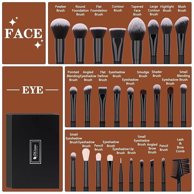 DUcare 27Pcs Makeup Brush Set Black Professional Premium Cosmetic Brushes for Foundation, Concealer, Eyeshadow, Blending, Powder, Contouring