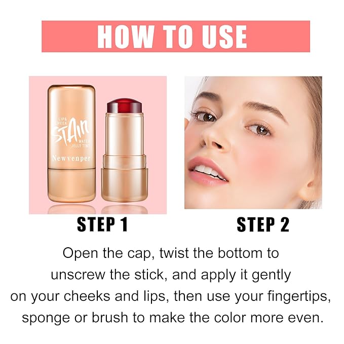 2pcs Jelly Blush Stick, Multi-purpose Lip and Cheek Colour Stick, Jelly Texture Waterproof, Moisturising and Long-lasting, Non-sticky, Create Watercolour Makeup Effect for Women and Girls 2#