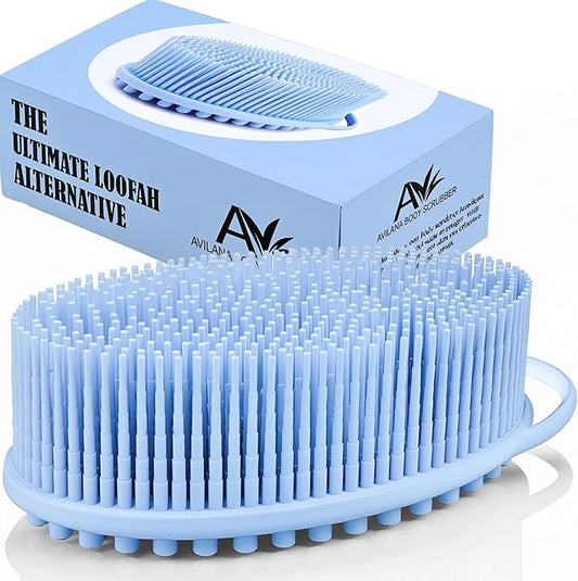 Avilana Silicone Body Scrubber – Gentle Shower Brush & Loofah Alternative- Food Grade & Lab Tested – Fast-Drying, Hygienic, BPA-Free Silicone Body Gentle Exfoliator (Blue, Massage)