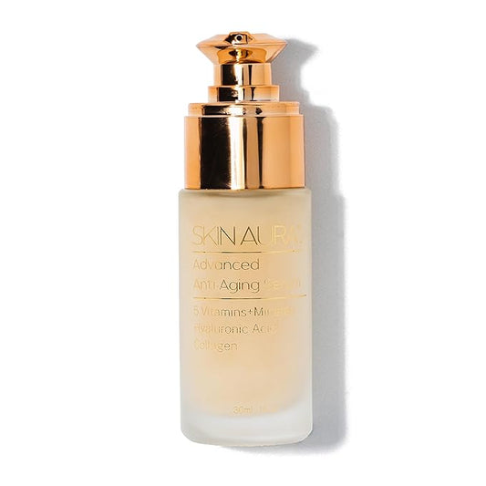 SKIN AURA Advanced Anti-Aging Serum - All-In-One Formula Visibly Improves Wrinkles, Fine Lines & Age Spots with 5 Vitamins + Minerals, Hyaluronic Acid & Collagen Peptides - 30ml (1oz)