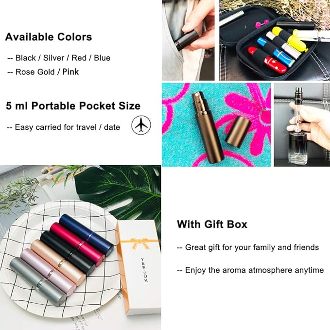 YEEJOK Travel Essentials for Women Men, Travel Perfume Bottles Refillable, Perfume Atomizer Spray Container, Mini Portable Easy Pump Refilled 5ml Bottle for Flying,Purse,Vaction Essentials