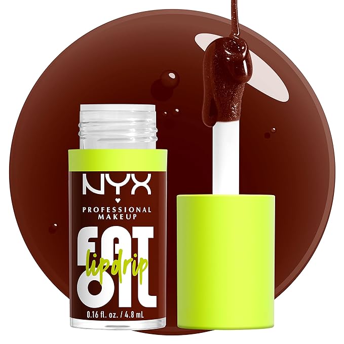 NYX PROFESSIONAL MAKEUP Fat Oil Lip Drip, Moisturizing Lip Oil Gloss, Vegan Tinted Formula, Up to 12 HR Hydration - Status Update (Rich Chocolate)