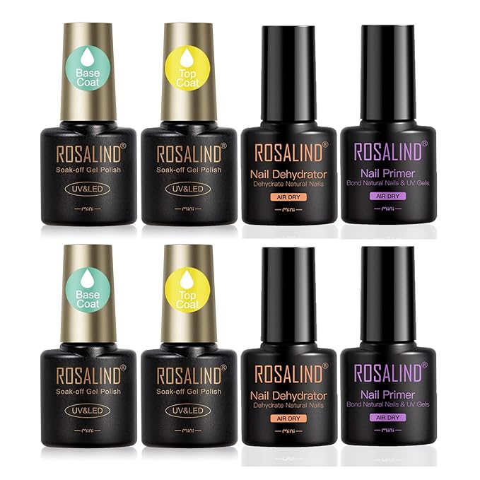 ROSALIND 8 PCS Dehydrator Nail Primer and Top & Base Coats Kit, Nail Strengthening System Superior Protein Bonding, Fast Air Dry for Acrylic Powders Nail Gel Polish