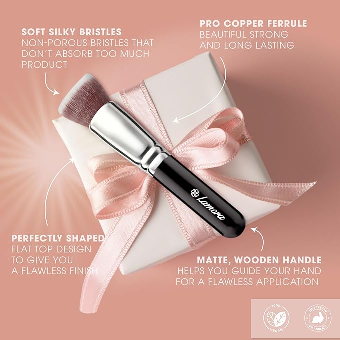 LAMORA Foundation Brush for Liquid Makeup - Kabuki Face Brush for Cream, Powder, Blush, and Concealer - Flat Top Blending, Buffing, Stippling Brush