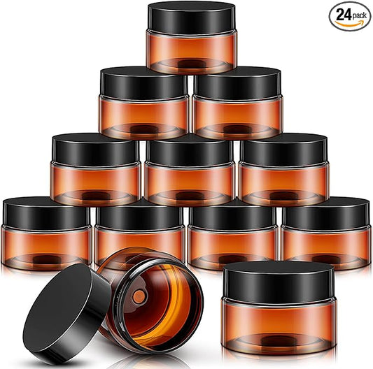 SATINIOR 24 Pieces Empty Clear Plastic Jars with Lids Round Storage Containers Wide Mouth for Beauty Product Cosmetic Cream Lotion Liquid Butter Craft and Food(Amber Lid,6 oz)