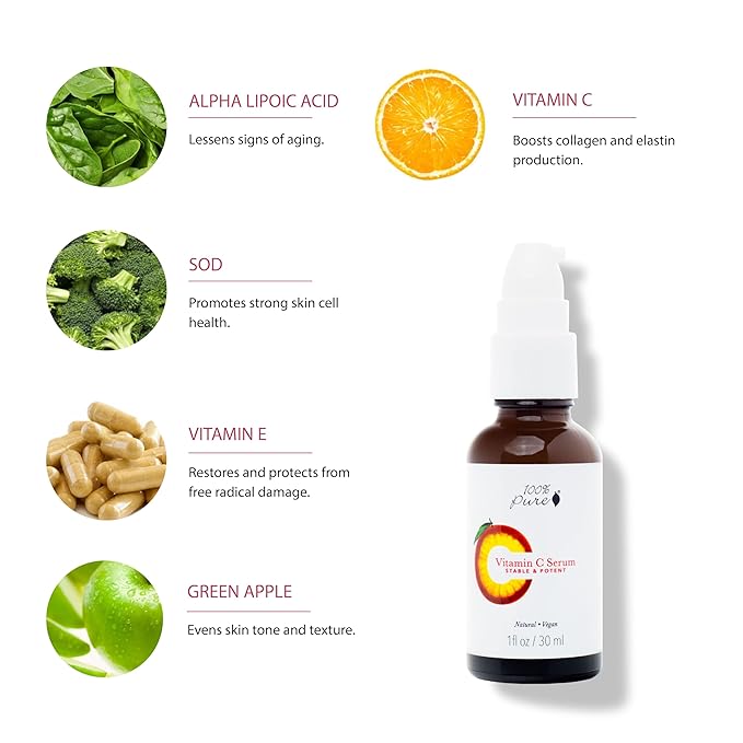 100% PURE Vitamin C Face Serum Hydrating Glow Skin Care with ALA Aloe + Vitamin E Oil - Daily Firming & Correcting Anti Aging Facial Moisturizer for Women & Men All Skin Types, Vegan - 1 Fl Oz