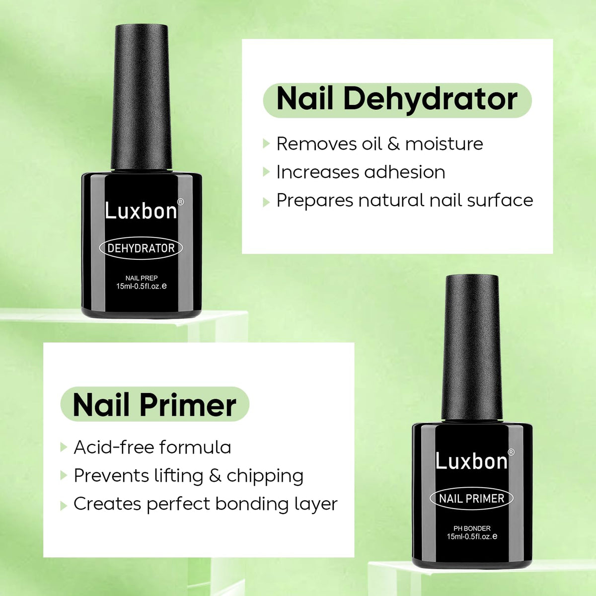 Luxbon 2 Pcs 15ml Nail Primer & Nail Dehydrator Set - Long Lasting, Shine Finish, UV LED Nail Lamp Soak Off Gel Nail Prep Set Manicure