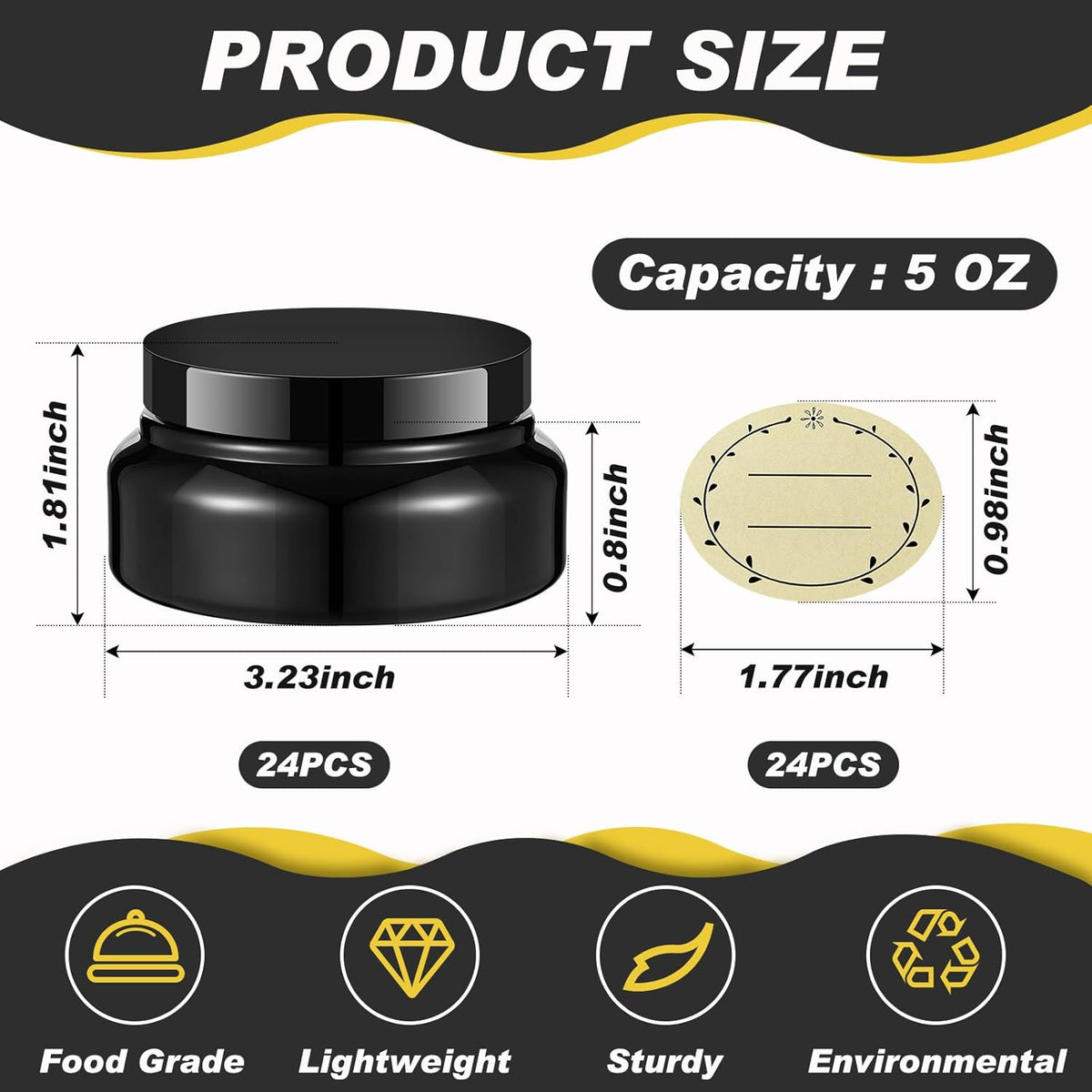 Tessco 24 Pack Plastic Jars with Lids Labels Empty Clear Plastic Jars Round Refillable Cosmetic Containers Body Butter Containers Bulk Sugar Scrub Bottle for Make Up(5 oz,Black)