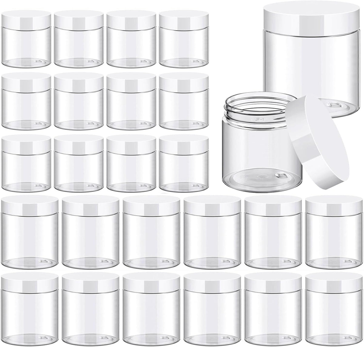 TUZAZO 24 Pack Plastic Jars with White Lids and Labels, 12pcs 8 OZ and 12pcs 4 OZ Round Clear Cosmetic Containers for Body Butter, Body Scrub, Cream, Lotion, Slime Jar, Small Items, Travel Storage