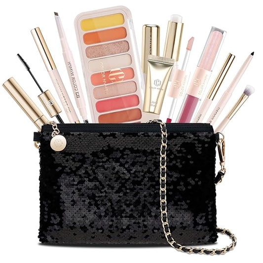 Color Nymph Teen Girls Makeup Kits, Makeup Kit For Girls All In One Makeup Sets For Women With Sequin Bag Packed Individually 9 Colors Eyeshadow Palette Lip Gloss Eyeliner Mascara -Orange Pink