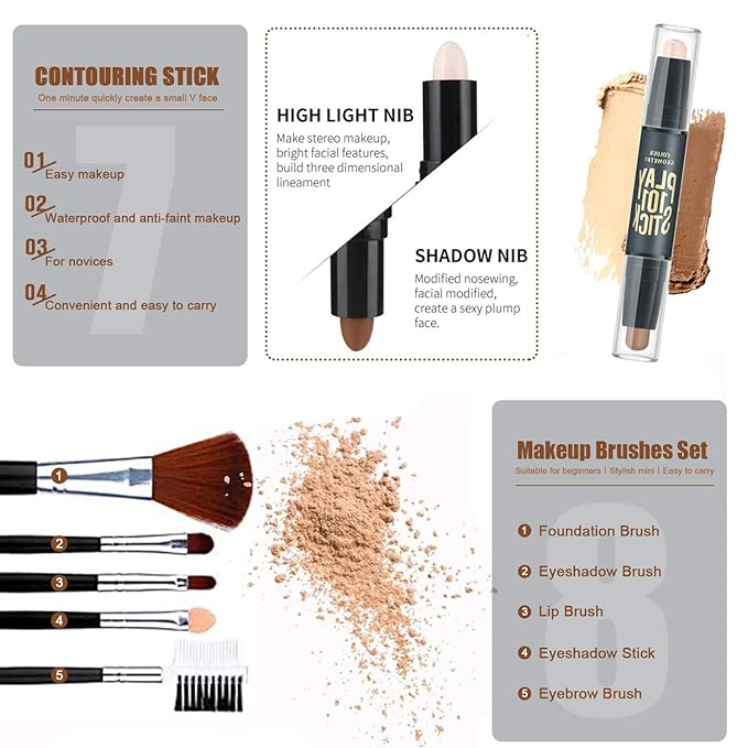 All in One Makeup Kit for Women Full Kit, includes 12 Colors Eyeshadow, 5PCS Brush Set, Eyebrow Pencil, Eyeliner & Mascara, Contour Stick, Primer & Liquid Highlighter With Cosmetic Bag Makeup Set