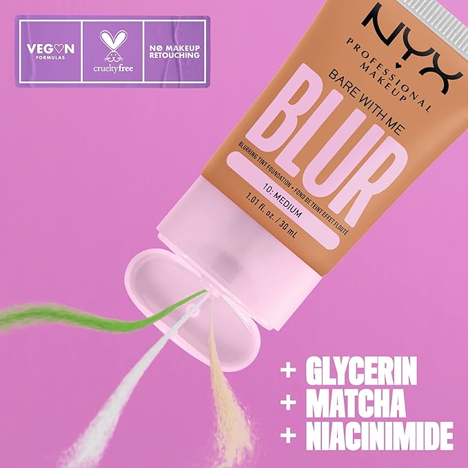 NYX PROFESSIONAL MAKEUP Bare With Me Blur Skin Tint Foundation Make Up with Matcha, Glycerin & Niacinamide - Medium
