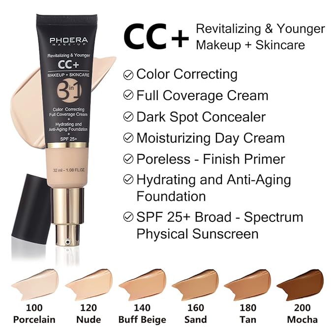 PHOERA Foundation,PHOERA CC+ Cream Color Correcting Anti Aging Hydrating Serum &SPF 25+,PHOERA Primer, PHOERA Makeup, Kabuki Makeup Brushes Foundation Brush Powder (103 Warm peach+120 Nude CC Cream)