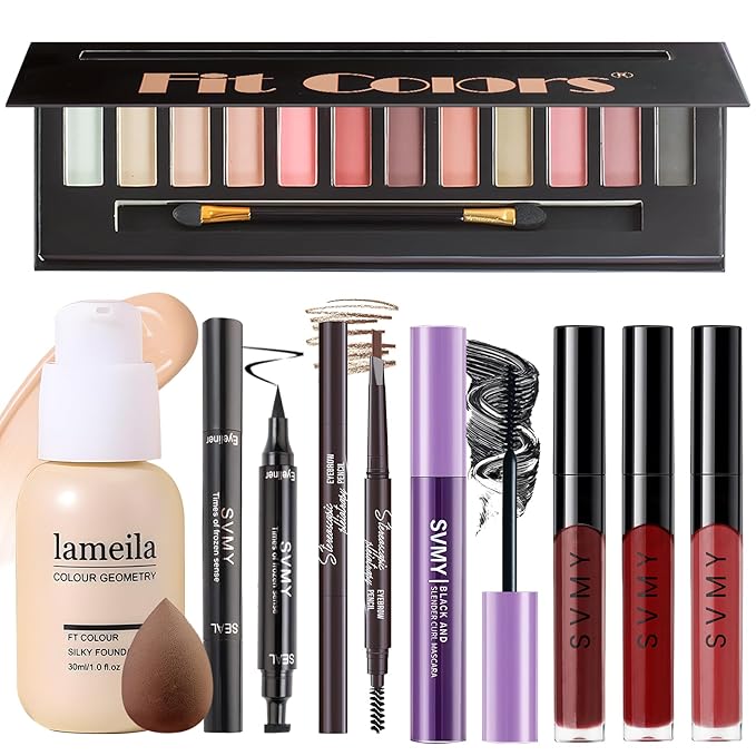 Makeup Present Set for Teen Girl, Travel Makeup Kit for women, Makeup Full Kit for Beginner & Professionals, Makeup Bundle Include 12 Color Matte Eyeshadow Palette, Natutal Foundation, Lip Gloss