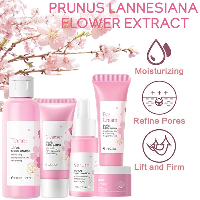 Korean Skin Care Set - Sakura Skin Care Sets & Kits - Women Gift Sets with Cleanser-Toner-Serum-Face Cream-Eye Cream - Skin Care Routine Kit for Women - Beauty Products Gift Box (SetB)