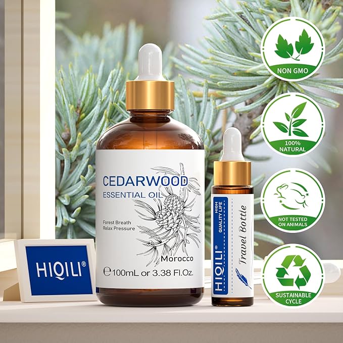 HIQILI Cedarwood Essential Oil (3.38 Fl Oz), 100% Natural Therapeutic Grade, Premium Glass Dropper, for Hair & Skin Care, Soap Making, Add to Diffusers, Sprays