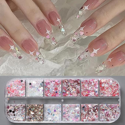 12 Grids Star Nail Art Glitter Sequins Heart Shaped Mermaid Nail Sequins Holographic Mermaid Nail Flakes Sticker Sequin Heart Nail Art Glitter for Women DIY Acrylic Nail Decoration