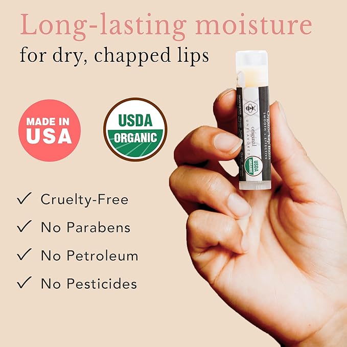 Organic Lip Balm - 4 Pack Unflavored Organic Gifts for Women, All Natural Lip Balm, Birthday Gifts for Her & Him, Lip Balm Hydrating Beauty Gifts, Lip Moisturizer, Mens Gift Ideas