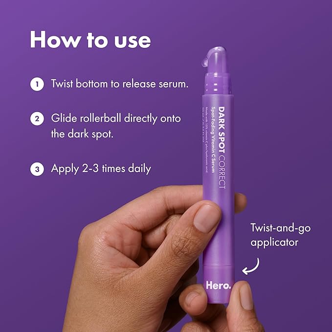 Hero Cosmetics Dark Spot Correct Spot-Fading 15% Vitamin C plus Hyaluronic Acid Serum. Improves the Look of Post Blemish Marks in 7 Days. Twist Applicator and Rollerball Tip for Easy Application. 10mL
