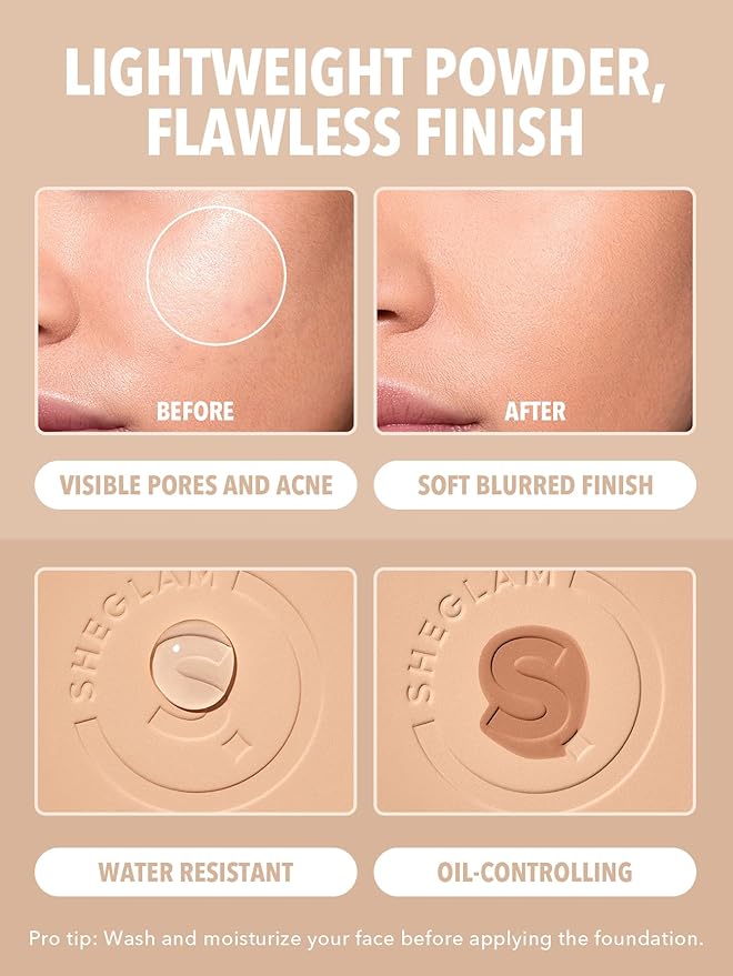 SHEGLAM SKin-Focus Full Coverage Powder Foundation Oil-Control Lightweight Face Pressed Powder Makeup-Golden