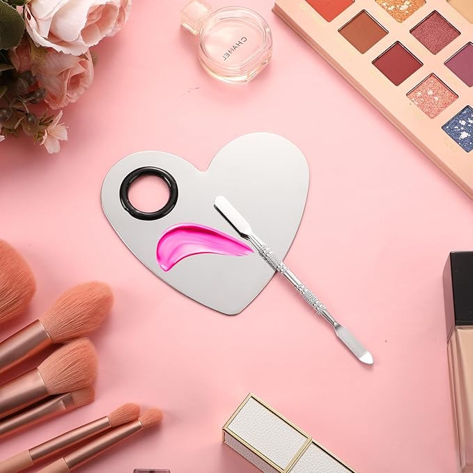 2 Pcs Stainless Makeup Mixing Palette,Tool for Mixing Foundation Nail-Art,Palette with A Stick,Storage Bag,Beauty Salon Color Cream Mixing Palette,Makeup Artist,Makeup Enthusiast (Heart Shaped)