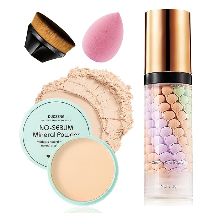 One Step Color Corrector,Natural Isolation Cream,Face Primer Makeup Tricolor Moisturizer,Correcting Primer Concealer Foundation,Setting Powder,Makeup Brushes,Makeup Sponges（4PCS)