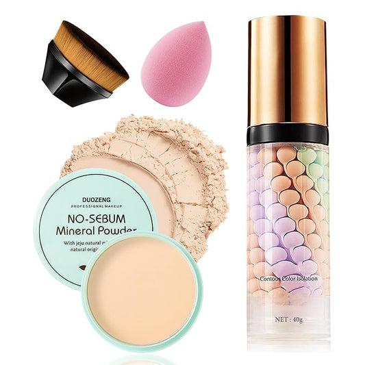One Step Color Corrector,Natural Isolation Cream,Face Primer Makeup Tricolor Moisturizer,Correcting Primer Concealer Foundation,Setting Powder,Makeup Brushes,Makeup Sponges（4PCS)