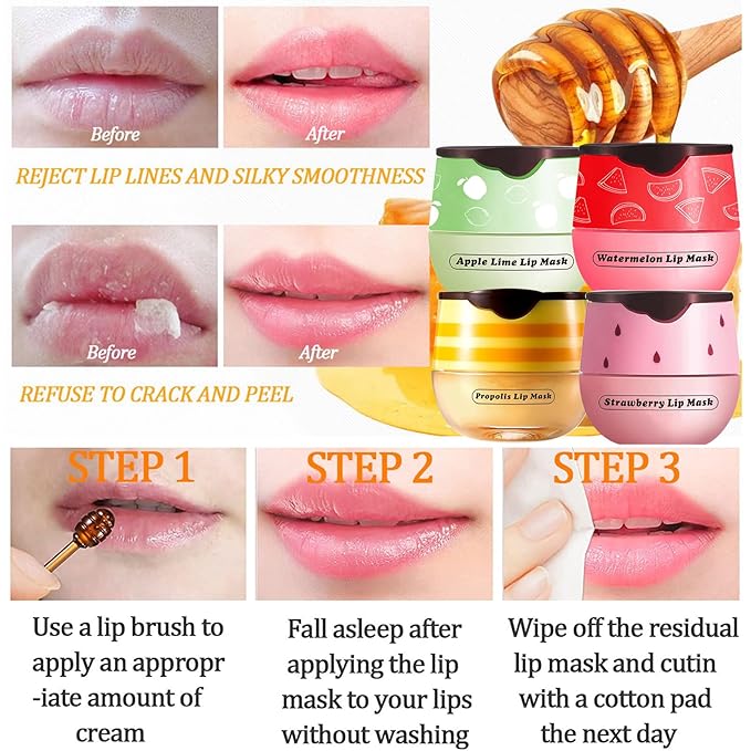 Honey Lip Balm Pot, 3 Pcs Strawberry & Apple & Watermelon Lip Mask Propolis Lip Mask Moisturizing Hydrating Prevention Dry and Cracked Lip Scrubs Exfoliator