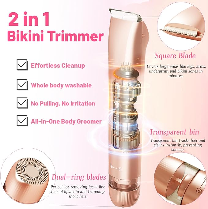 2 in 1 Electric Bikini Trimmer for Women, Dual Head Painless Razor Shaver,Wet & Dry Use Body Hair Trimmer and Facial Hair Remover for Underarm Leg Arm Body Face