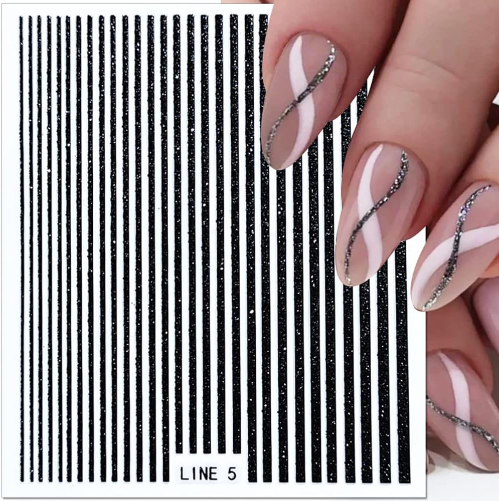 3D Glitter Lines Nail Stickers Holographic Nail Art Stickers Metal Stripe Nail Decals Self Adhesive Geometric Strip Line Nails Stickers Women DIY Nail Supplies,6 Colors/Set