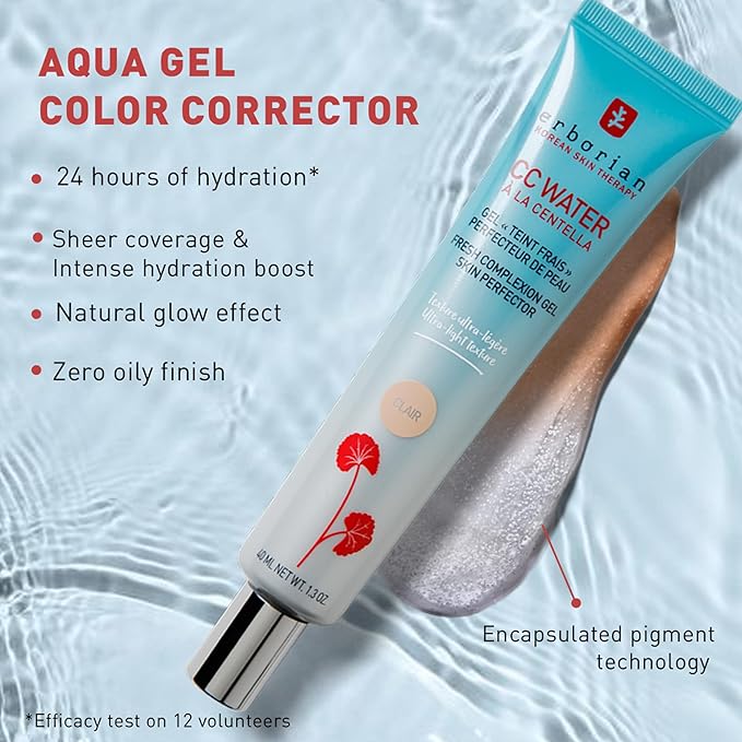 Erborian CC Water with Hyaluronic Acid, Clair - Ultra-Light Aqua Gel Color Corrector with Centella Asiatica & Hyaluronic Acid - Plump, Softer & Hydrated Skin - Korean Skincare Skin Perfector - 1.3 Oz
