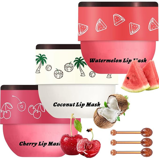 3 PCS Bee Lip Balm Lip Mask Honey Pot, Watermelon & Cherry & Coconut Lip Mask Propolis Moisturizing Lip, Hydrating Prevention Dry and Cracked Lip Scrubs Exfoliator (Watermelon & Cherry & Coconut)