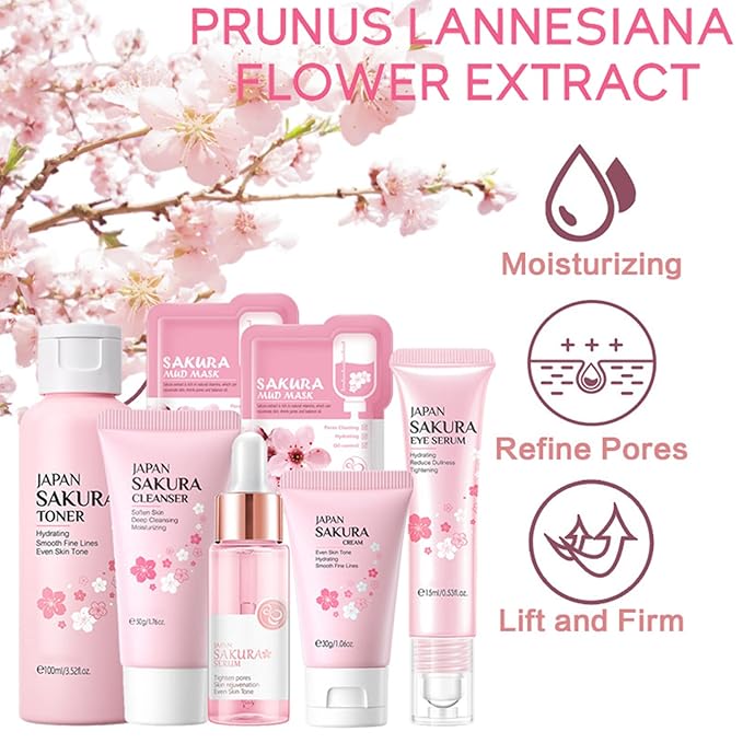 Skin Care Set Sakura Women Beauty Gift Sets Korean Skin Care Kit with Cleanser, Face Serum, Face Cream,Toner,Eye Cream,2Pcs Mud Mask - Skin Care Routine Kit for Women (SetC)