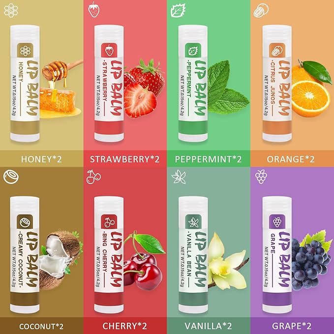16 Pack Lip Balm, Natural Lip Balm Bulk with Vitamin E and Coconut Oil, Moisturizing Lip Balm for Dry Cracked Lips, Lip Balm for Stocking Stuffers - 8 Flavors
