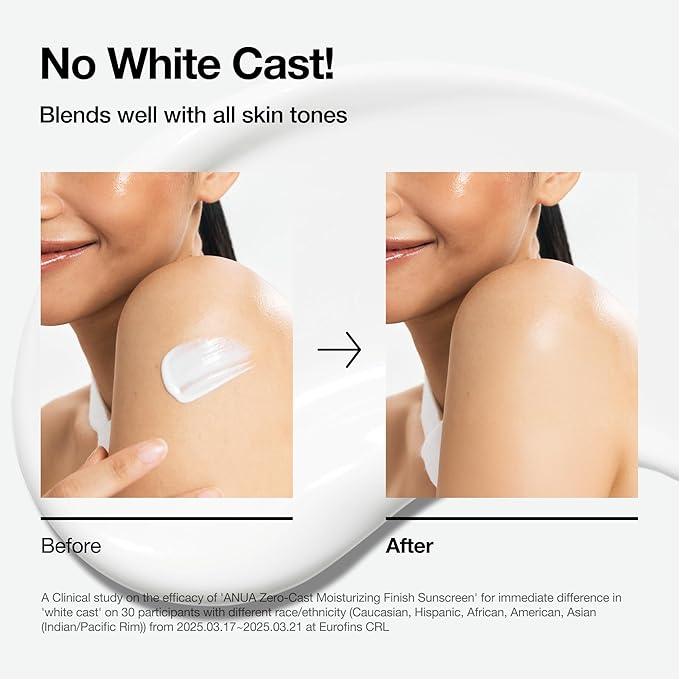Anua Zero-Cast Moisturizing Finish Sunscreen,SPF 50, Glow Natural Sunscreen,No White cast, Hyaluronic Acid, Niacinamide sun block for face,Oil-Free, Oxybenzone free, Travel Essential (50ml/1.69fl.oz)