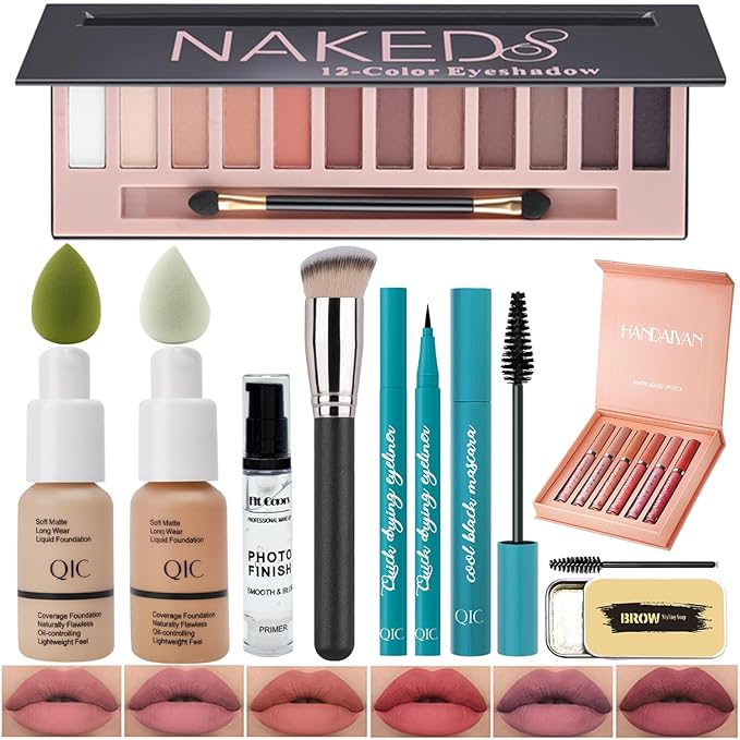 All In One Makeup Kit Full Kit 12 Colors Eyeshadow Palette,6 Colors Lipstick Set,2 Full Coverage Foundation,Primer,Eyebrow Soap,Waterproof Eyeliner and Mascara (104 Buff Beige +105 Sand+ Matte Shadow)