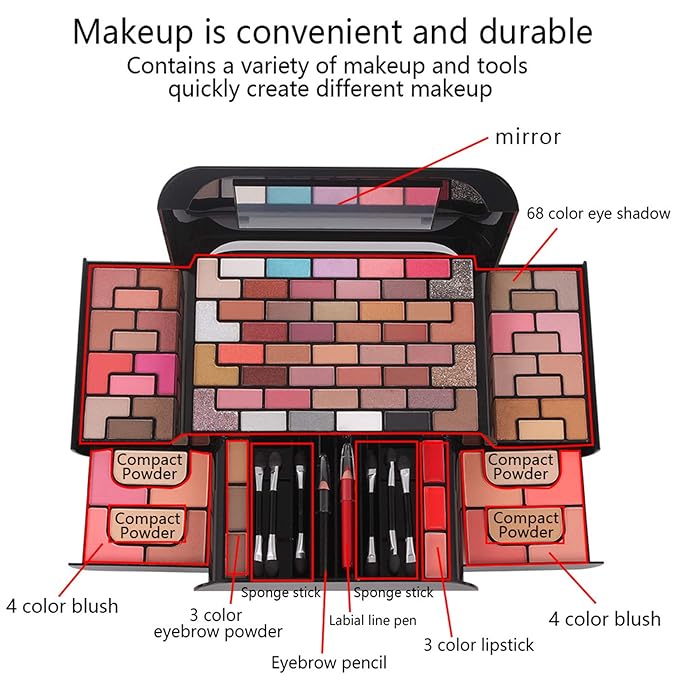 98 Colors All in one Makeup Gift Set Holiday Birthday Beauty Cosmetic Essential Starter Bundle Include 68 Eyeshadow Palette, 8 Blush, 4 Compact Powder, 3 Lipstick, Eyebrow Pencil, Lip Liner