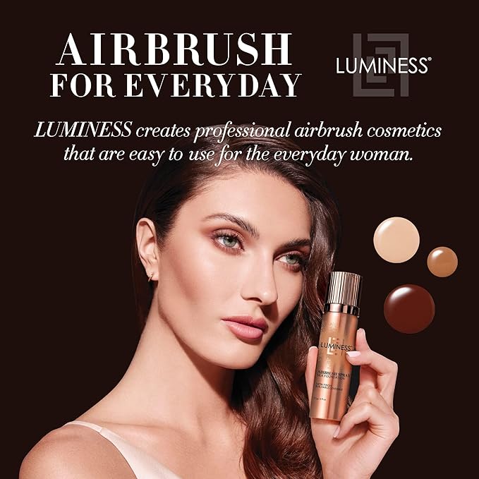 LUMINESS Silk Airbrush Spray Foundation Makeup Starter Kit - Full Coverage Foundation, Primer & Dual-Sided Angled Buffing Brush - Medium Warm