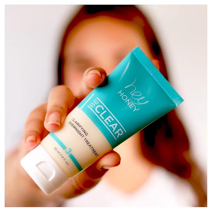 Hey Honey Skincare Be Clear Acne Routine | Clarifying Overnight Treatment | Propolis & Herbal Cream for Blemishes & Acne-Prone Skin | Immidiate Soothing Relief | 1.9 Oz