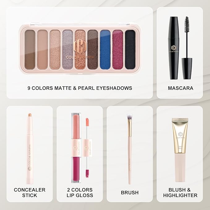 Color Nymph All In One Makeup Kit For Teens And Girls With Waterproof Handbag Makeup Kit Included 9 Colors Matte And Pearl Eyeshadow Palette Liquid Blush, Double Ended Lipgloss Concealer Brush Mascara