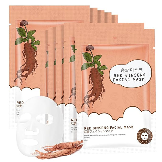 10Pack Sheet Face Masks Skincare for All Skin Types, Moisturizing Hydrating Face Masks Suitable for Sensitive Skin, Red Ginseng Face Masks for Wrinkles, Fine-Lines, Firmness and Elasticity