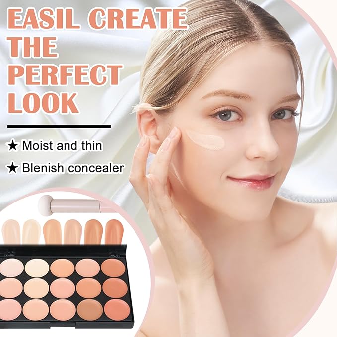 15 Colors Correcting Concealer Contour Palette,Cream Contour Makeup Palette with Brush,Contouring Liquid Foundation Concealer Palette Highlighting Makeup Kit for Conceals Dark Circles,Blemish