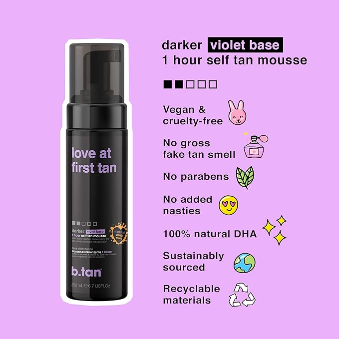 b.tan Violet Self Tanner Kit | Fall In Love at First Tan Bundle - Dark Tanning Mousse w Mitt Applicator, 1 Hour Express Foam, Best Bronzing Glow, No Orange Tones or Fake Tan Smell, Vegan, 6.7 Fl Oz