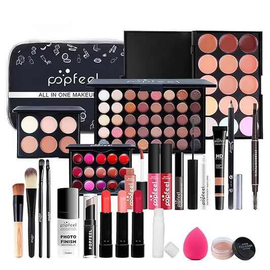 All in One Makeup Kit For Beginners Full Kit, Full Makeup Kit For Teen Girls, Makeup Gift Set, Include Eyeshadows, Concealer, Cosmetic brush, Lip Gloss, Lipstick, Powder puff, Mascara -005