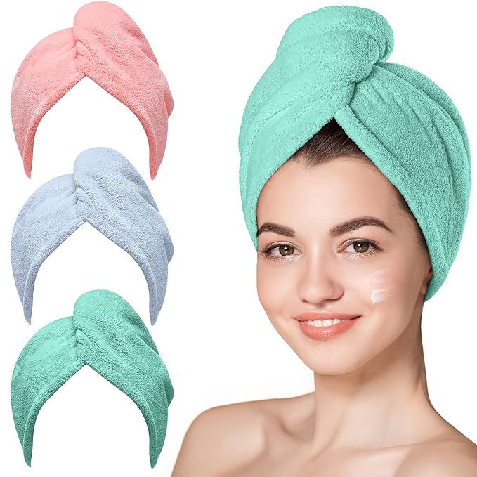 Hicober Microfiber Hair Towel, 3 Packs Hair Turbans for Wet Hair, Drying Hair Wrap Towels for Curly Hair Women Anti Frizz (Pink,Blue,Green)