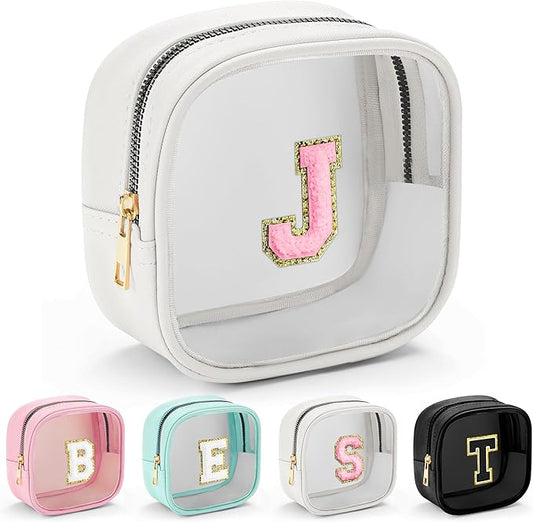 YOOLIFE Initial Make Up Bag Travel Toiletry Bag, Clear Makeup Bag Preppy Cosmetic Bags Organizer Travel Essentials Gifts for Women Teen Girlfriend Teacher Mom Birthday Mothers Day Gifts White J