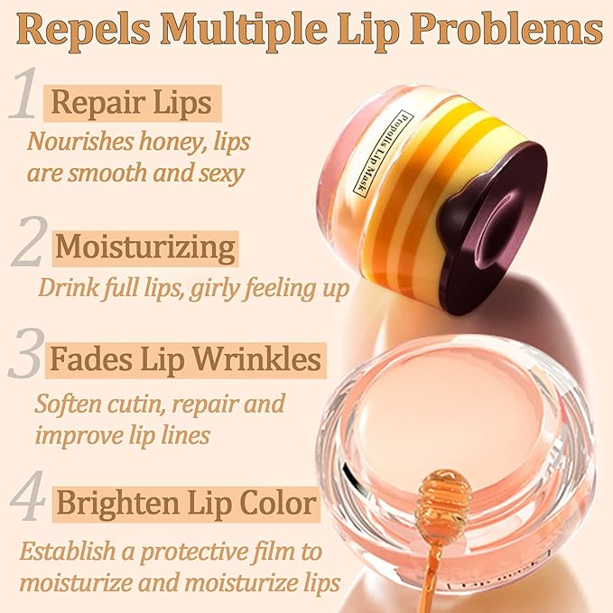 4PCS Bee Lip Balm Lip Mask Honey Pot,Honey & Strawberry Lip Mask Propolis Moisturizing Lip Balm with Stick - Hydrating Prevention Dry & Cracked Lip Scrubs Exfoliato Lip Wrinkle Care(Honey&Strawberry)
