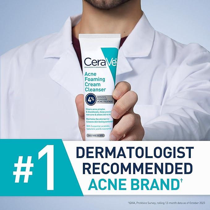 CeraVe Acne Foaming Cream Cleanser, 4% Benzoyl Peroxide Face Wash With Hyaluronic Acid, Niacinamide & Ceramides, Gentle Daily Acne Treatment For Face