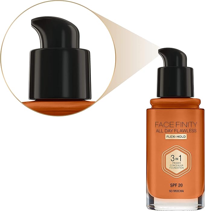 Max Factor Facefinity 3-in-1 All Day Flawless Liquid Foundation, SPF 20-93 Mocha, 30 ml
