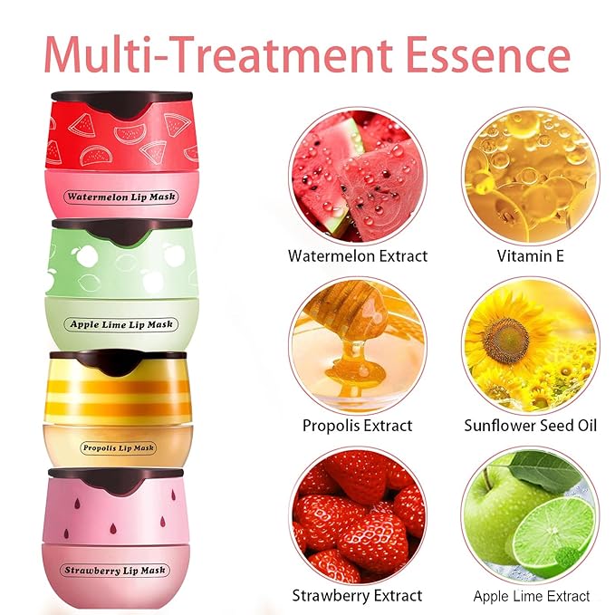 Honey Lip Balm Pot, 4 Pcs Honey & Strawberry & Apple Lime & Watermelon Lip Mask Propolis Lip Mask Moisturizing Hydrating Prevention Dry and Cracked Lip Scrubs Exfoliator